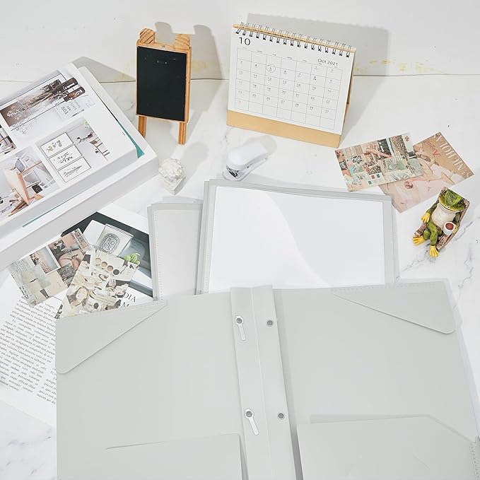 Henoyso 48 Pcs Plastic Folder with Clear Front Pocket and 3 Prongs Heavy Duty Plastic Folders with Card Slot Pocket Folders with Prongs for School Office Home(Grey，White)