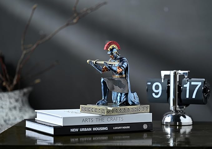 Roman Praetorian Prefect Warrior Knight Pen Holder Desk Ornament Resin Praetorian Guard Mobile Phone Stand Desk Accessories and Organizer for Office with a Letter Opener (Blue)