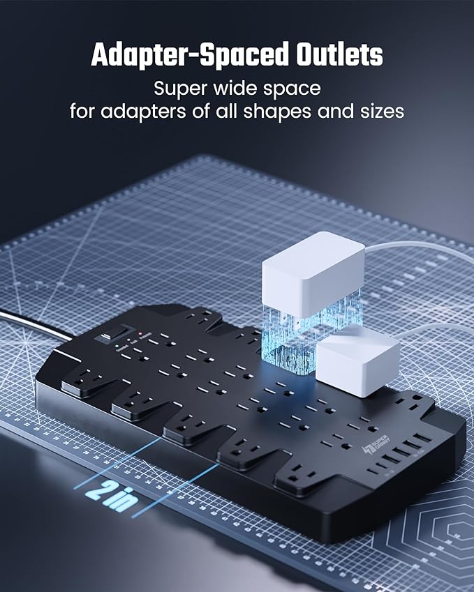 Power Strip, SUPERDANNY Surge Protector with 22 AC Outlets, 2 USB-C and 4 USB Ports, 1875W/15A, 2100J, 6.5Ft Extension Cord Surge Protector Power Strip with Wall Mount Holes for Home, Office, Dorm