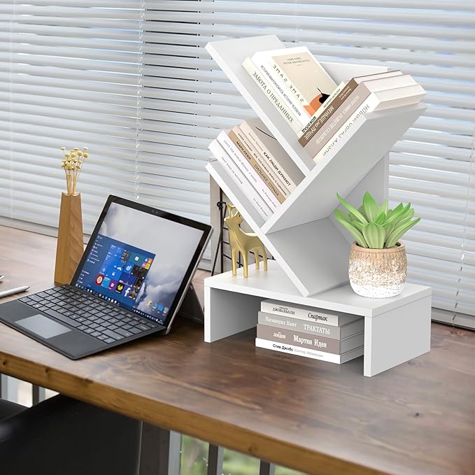 Godferyxin Tree Bookshelf with Drawer,Small Bookcase,Mini Book Shelf for Displaying Organizer CDs, Magazines and More at School,Office,Desk Book Shelf with for Decor,Bedrooms,Living Rooms