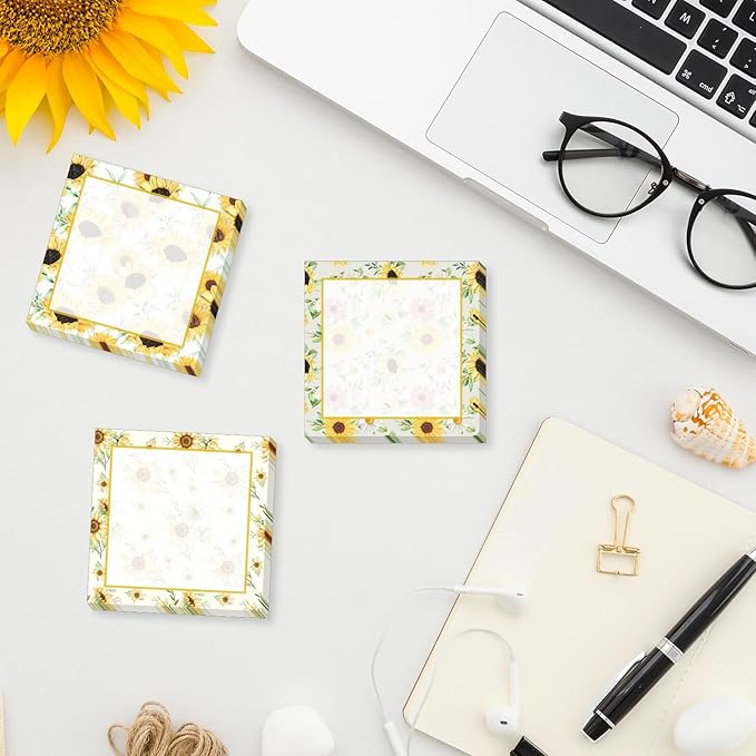9 Pieces Sunflower Sticky Note Adhesive Cute Sunflower Memo Notes Self-Stick Spring Sunflower SNote Pads for Reminders, Study, Work, Office, School and Home, 9 Styles