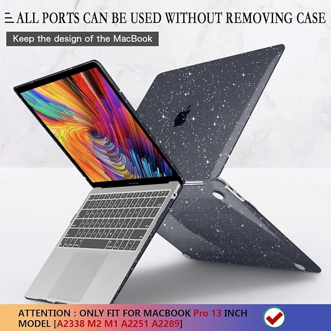 CISSOOK Black Glitter Case for MacBook Pro 13 Inch 2025-2020 Release Model A2338 A2251 A2289 with Touch Bar, Bling Hard Shell Cover Keyboard Skin for MacBook Pro 13 M1 M2 Sparkly
