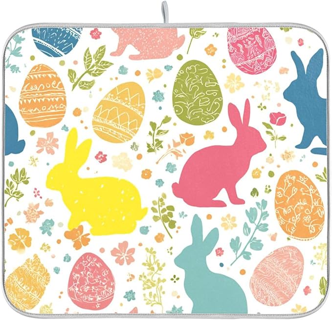 Flowers Eggs Bunny Easter Dish Drying Mat 16 X 18 Inches Spring Rose Leaves Peeps Rabbits Dry Dishes Pads Mats for Kitchen Tableware Protector Countertops Counter Home Decorations