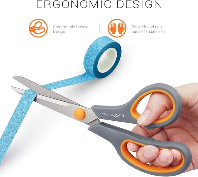 Scissors 8" Multipurpose Titanium Coated Sturdy Sharp Scissors Right/Left Handed Comfort-Grip Handles for Office Home School Sewing Fabric Craft Supplies Gray