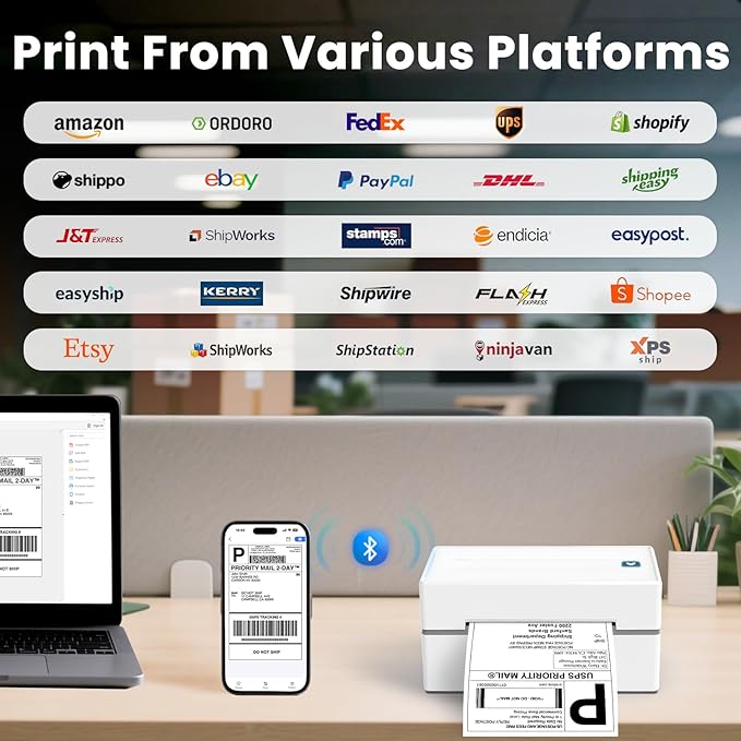 Bluetooth Thermal Label Printer, Wireless 4x6 Shipping Label Printers for Small Business, Compatible with Android&iOS and Windows, Address Label Printer for Amazon, Ebay, Shopify, Etsy, USPS