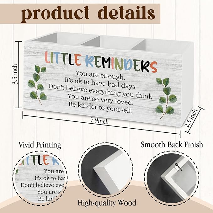 Little Reminders Inspirational Pen Pencil Holder Organizer for Desk Accessories, Mental Health Motivational Wooden Box Sign Desk Decor for Home Office Decoration, Positive Gifts