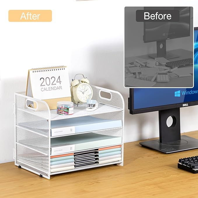4-Tier Paper File Tray Organizer, Desk Organizer Tray with Handle, Mesh Desk File Organizer for Office Supplies Desktop Accessories - White