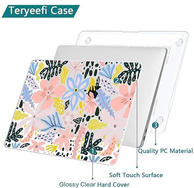 Teryeefi for MacBook Pro Case 13 inch 2022 2021 2020-2016 A2338 M2/M1 A2251 A2289 A2159 A1989 A1706, Clear Laptop Hard Shell with Keyboard Cover & Trackpad Film & Type C Adapter,Abstract Flowers W124