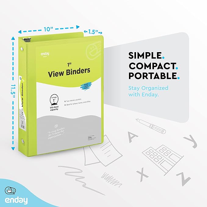 3 Ring Binder Green, 1 Inch, 1” Clear View Cover with 2 Inside Pockets Round Ring Binder, Colored School Supplies Binders, Also Available in Pink, Blue, Purple, Grey, and Red (6 PC) – by Enday