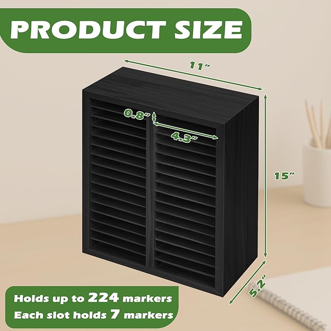 PROLEE Marker Storage Organizer for 224 Markers,Wooden Alcohol Marker Holder with 32 Slots,Markers Pens Pencils Art Supply Storage Rack for Desk Home Classroom Office Decor (Black, 15“x11”x5.2 “)