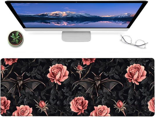 Gothic Bat & Rose Gaming Mouse Pad – 12x31.5in Non-Slip Rubber Desk Mat with Dark Floral Design – Large Extended Mouse Pad for Office Home – Ideal Deskmat Gifts for Goth Decor & Nature Lover