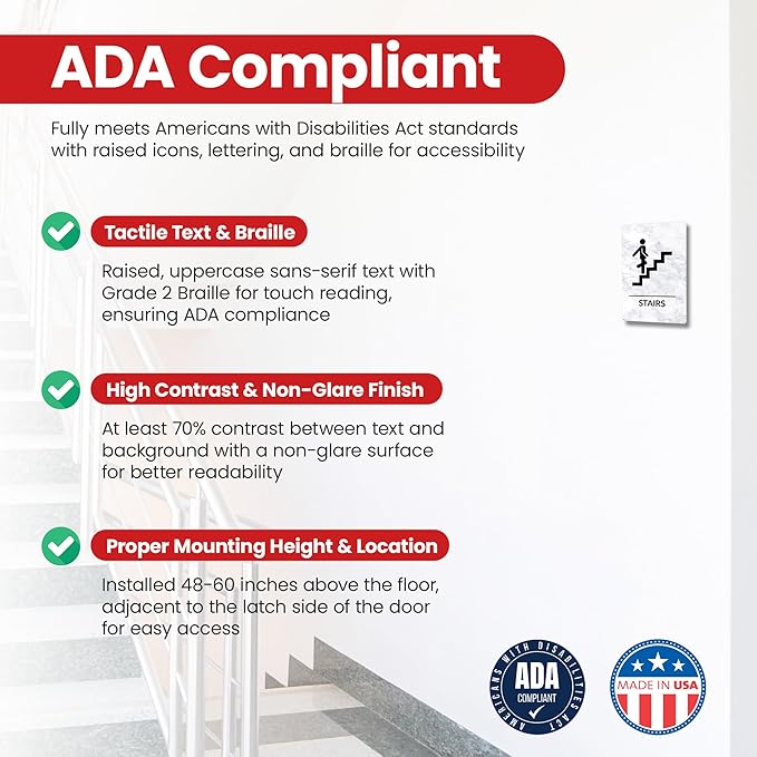 Promot Stair Sign – ADA Braille Stairway Sign for Business, Self-Adhesive, 9" x 6", Commercial Door Signage, Office Wall Decor - Marble White