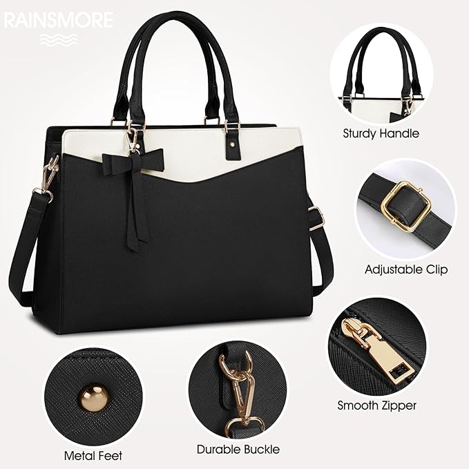RAINSMORE Laptop Bag for Women 15.6 Inch PU Leather Laptop Tote Professional Business Office Work Bag Waterproof Briefcase Computer Tote Bag Large Lightweight Handbag Shoulder Bag