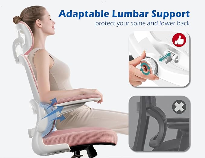 TRALT Ergonomic Office Chair - Desk Chair with Adjustable Headrest Lumbar Support Computer Chair - Mesh Comfy Chair with Flip-up Armrests - Gaming Chairs for Adults Home Office (Leather, Pink)