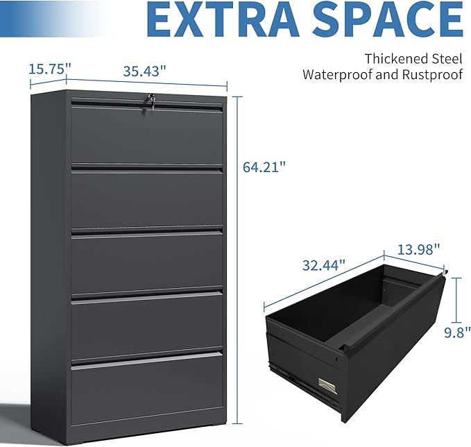 File Cabinets 5 Drawer,Metal Office Storage Filing Cabinet with Lock,Black Lateral Filing Cabinet for Home Office,Horizontal Locking File Cabinets for Legal/Letter/A4,Assembly Require,Black