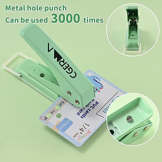 Single Hole Puncher, 1/4" Hole, 50% Labor Savings, Heavy Duty Metal Punch, 15 Sheet Capacity, for ID Cards, Chipboard, Art Project, Crafts Easy Punching, Green