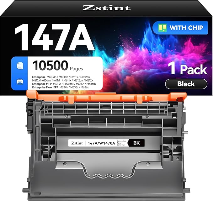 147A Black Toner Cartridge 1-Pack High Yield with Chip Replacement for HP 147A W1470A Toner Cartridges Compatible with HP Laser Jet Enterprise Flow MFP M634h M635z M636z M610dn M611dn M612dn Printer