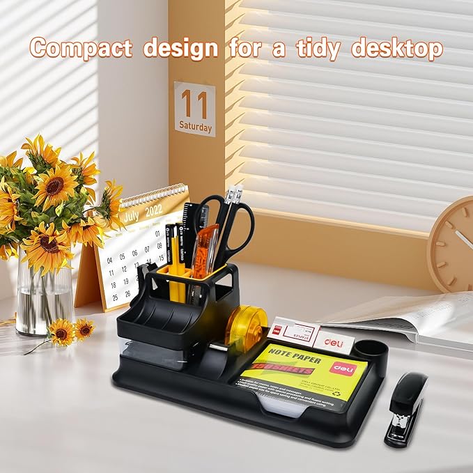 deli Black Office Supplies for Desk, 17Pcs Desk Organizers and Accessories with 4 Pens,Tape Dispenser,Stapler,Staples,Staple Remover,Pen Holder,Scissor,Ruler,Eraser,Note Pad,Cutter,Clips Set