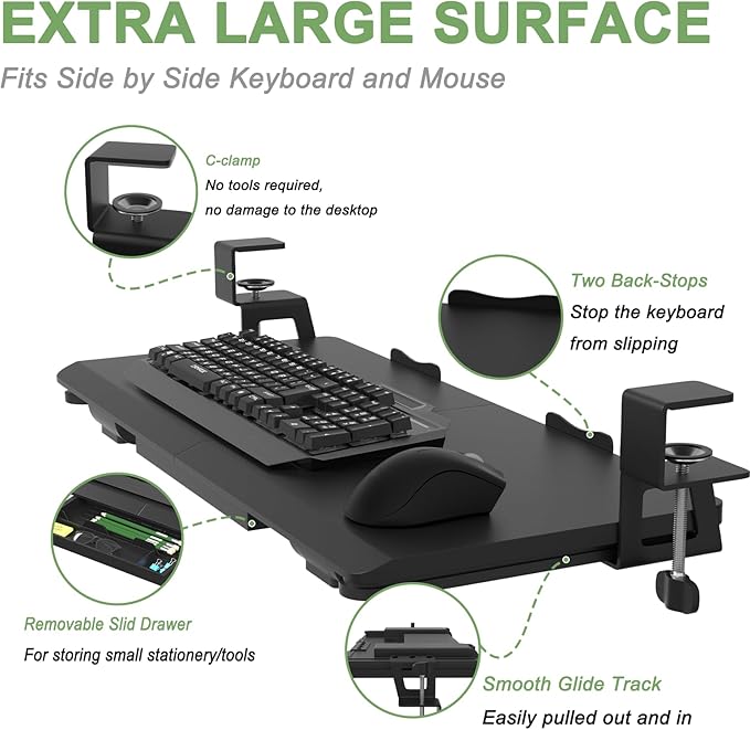 Keyboard Tray Under Desk Slide Out with Drawer, 27"x 11.8" Large Size, Pull Out Desktop Extender Holder with Sturdy C-Clamp Mount for Home Office, Black