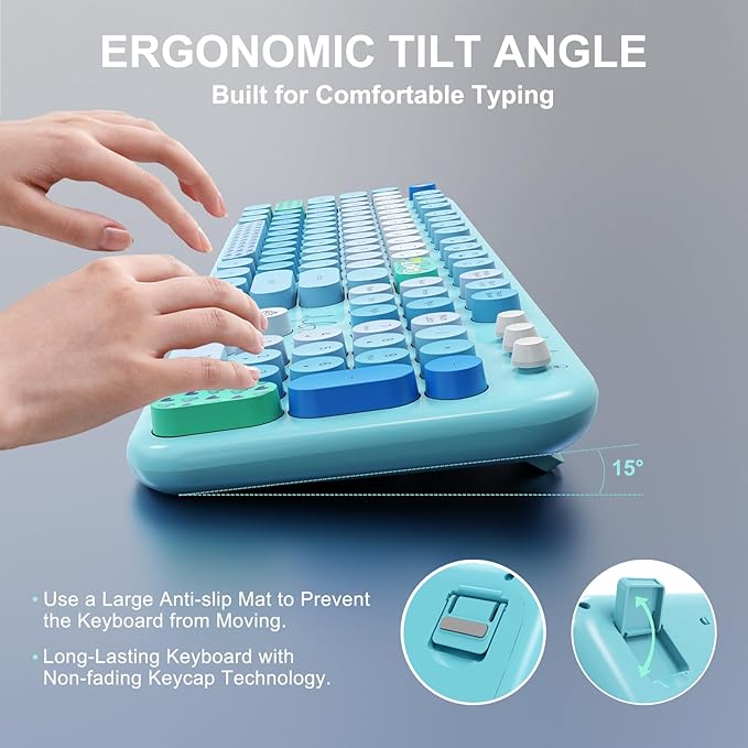 Wireless Keyboard and Mouse Set, 104 Round Keys Full-Size Cute Colorful Keyboard and Mouse with Retro Typewriter for PC/Mac/Laptop/Tablet/Computer/Windows Blue