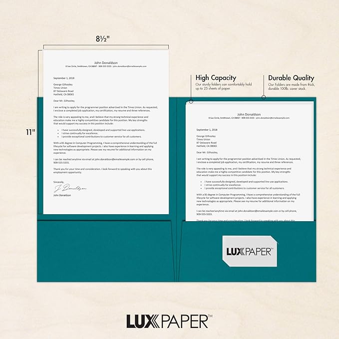 LUXPaper 9" x 12" Presentation Folders | Two Pocket | Teal | 100lb. Cover | 25 Qty