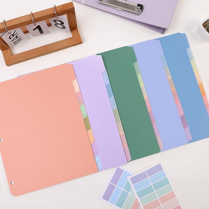 SKYDUE Durable Plastic 8-Tab Dividers, Big Tab Dividers for 3 Ring Binder, Write & Erase 3 Ring Binder Dividers with Tabs, with Sticker Labels, 1 Set, Pastel Color (Purple)