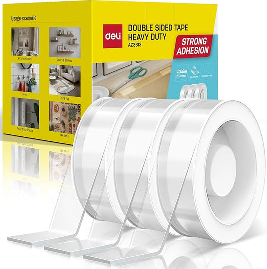 Deli Double Sided Tape Heavy Duty, Nano Tape, Double Sided Mounting Tape, Clear Adhesive Tape for Hanging Picture, Poster, Carpet, Photo Deco, 30 Feet