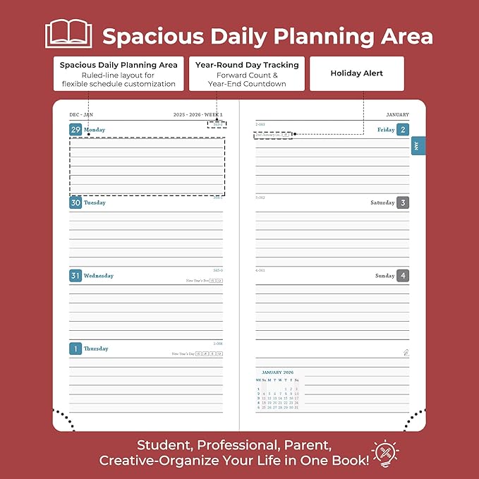 Planner 2026 Daily Weekly and Monthly,6.5"x3.75",12 Months Spiral Bound Calendar Agenda with Self-adhesive Pen Holder,2026 Appointment Book with Vegan Leather Soft Cover,Red