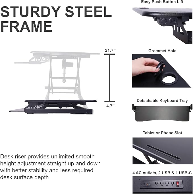 Rocelco 46" Electric Standing Desk Converter with AC Outlet USB Charger and Anti-Fatigue Floor Mat - Motorized Adjustable Sit Stand Riser - Tabletop Workstation Keyboard Tray - Black (R EDRB-46-MAFM)