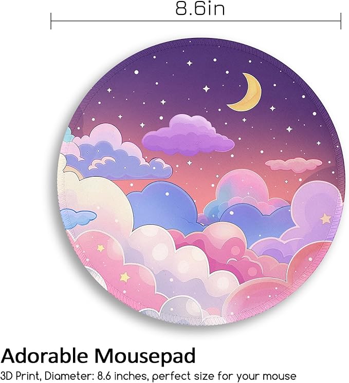 Kawaii Moon Cloud Star Sky Night Mouse Pad, Small Round Mouse Pads for Desk, Mini Travel Mousepad for Wireless Computer Laptop, Pastel Purple Lilac Violet Office Desk Accessories