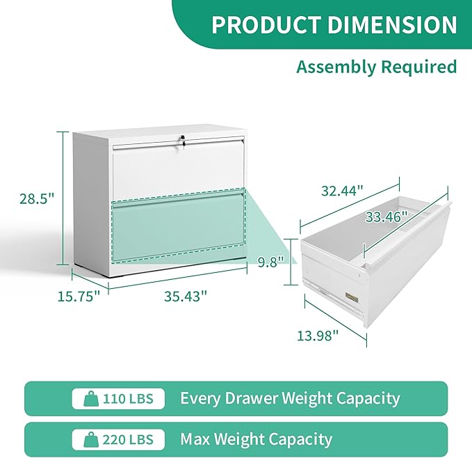 2 Drawer Lateral File Cabinets Office Metal Filing Cabinet Steel Storage Cabinet with Lock Wide Horizontal Filing Cabinets for Hanging Files Legal/Letter/A4 Size Assembly Required