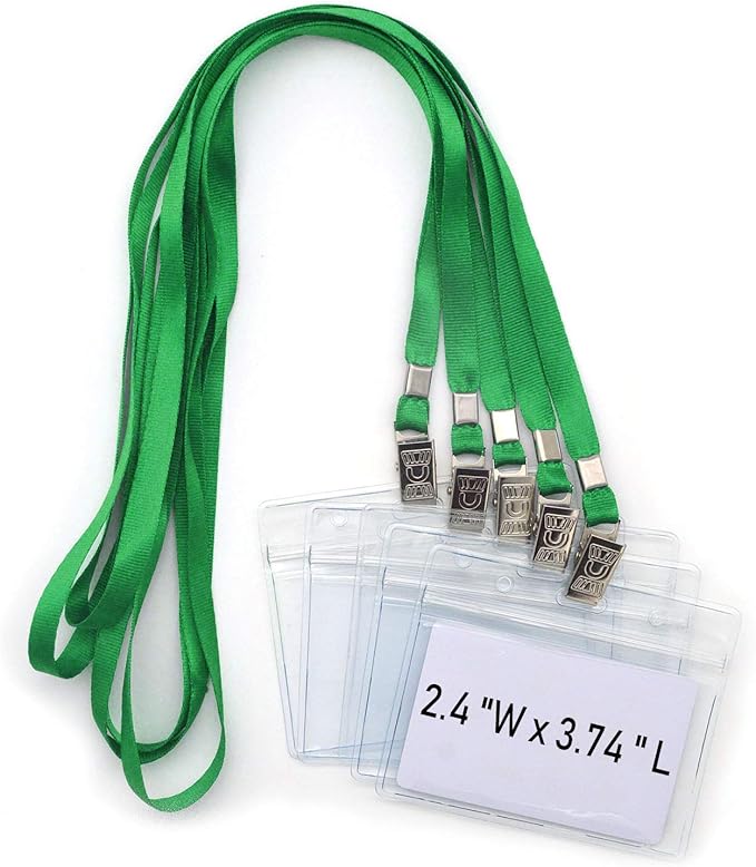 Bird Fiy Lanyards with id Holder Name Badges 50 Pcs Waterproof Type Clear Plastic Horizontal Name Tag Badge Id Card and 50 Pcs Lanyard (Green)
