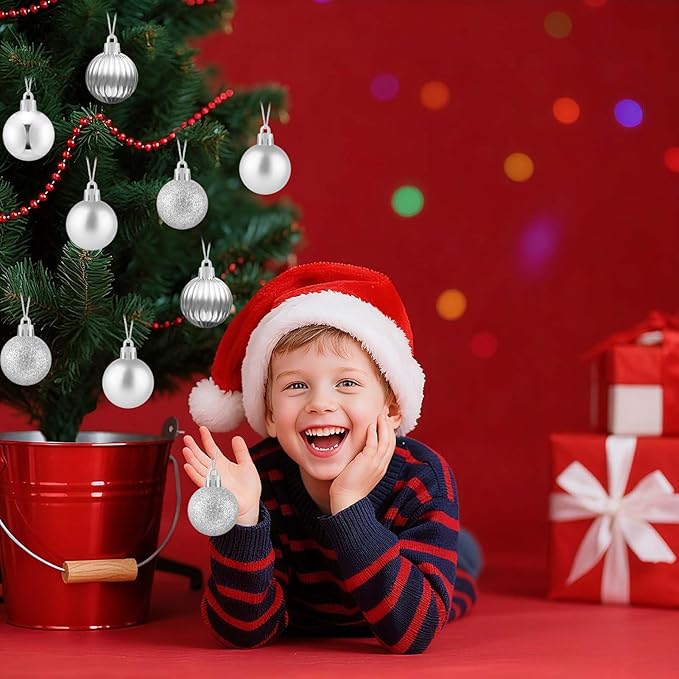 Set of 24 Small Silver Christmas Ornaments Balls for Christmas Tree, 1.2 inch Mini Silver Ornaments for Mini Tree, Plastic Shatterproof Hanging Bulbs Xmas Valentine Party Indoor Outdoor Decorations