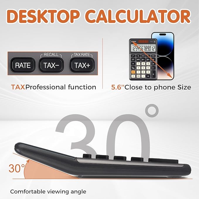 Pendancy Office Small Calculator Desktop with Tax+/- for Tax Calculation, 12 Digit Large LCD Display, Solar Battery Power, Durable Portable Design, Financial Accounting Business Home Use(OS-200T-Gray)