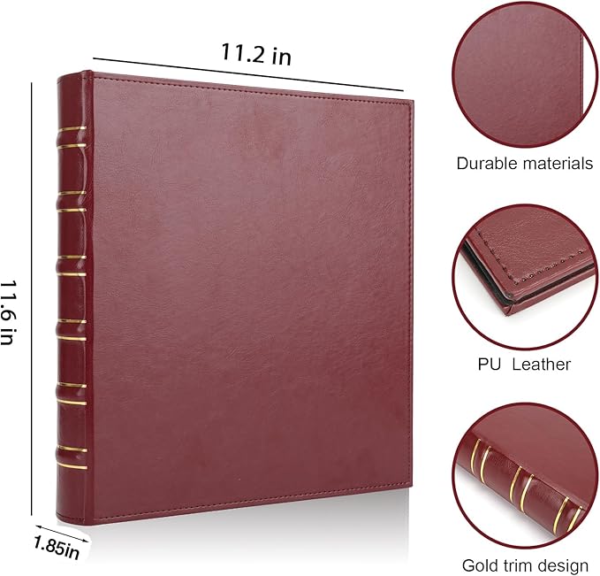 Vintage Hardback 3 Ring Binder 1 Inch, Professional Leather Binder 3 Ring, Three Ring Binders Fits 8.5" x 11", D Ring Binders for Photo Album, Home, School and Office Supplies- Dark Red