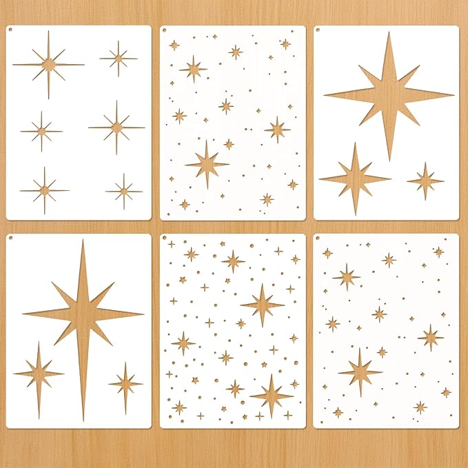 6 Pcs DIY Reusable Star Pattern Painting Stencils Set PET Plastic Painting Templates for Wall Wood Craft Canvas Fabric Home Decor