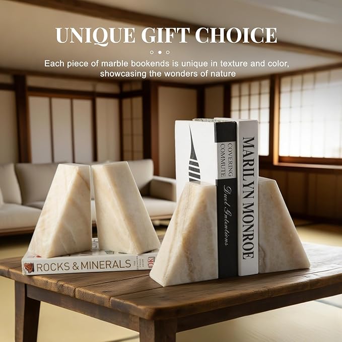 Koville Marble Bookends for Shelves, Large Bookends for Heavy Books, Non-Slip 7Lbs Stone Book Ends for CD/Movies, Modern Decorative Bookends for Shelves Table Home Decor(Navona)
