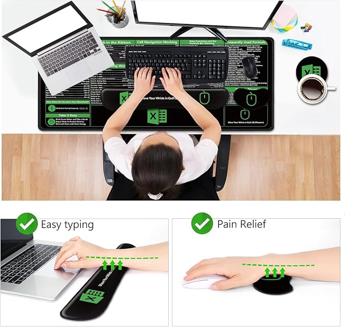 AIMSA Excel Shortcuts Cheat Sheet Mouse Pad, Large Keyboard Shortcut Keys Desk Mat+ Mouse Pad with Wrist Rest+ Keyboard Wrist Rest Support+ Coaster, Ergonomic Multifunctional Mousepad