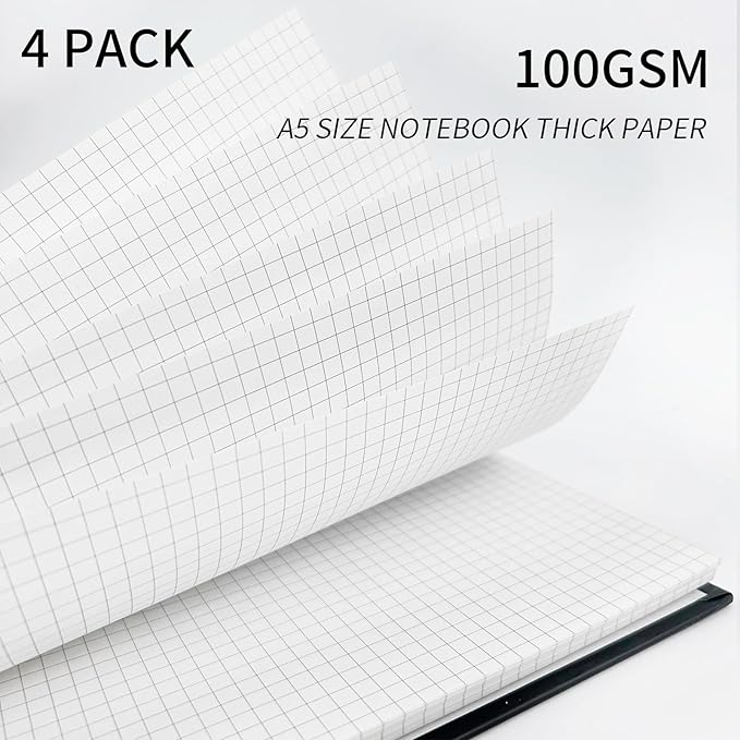 A5 Graph Paper Spiral Notebook 8.5" x 5.7"-4 Pack Grid Notebook Hardcover Notebook 120 Pages 100 GSM Thick Graphing Paper Notebook Hardcover Journal for School, Office, Artist Writing/Drawing