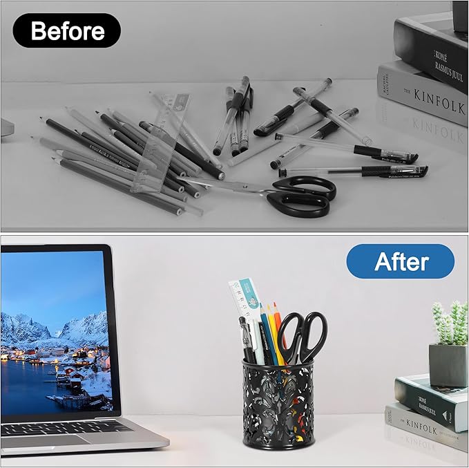 EasyPAG Metal Round Pencil Holder 2 Pack Black Pen Cup Holders Organizer for Desk