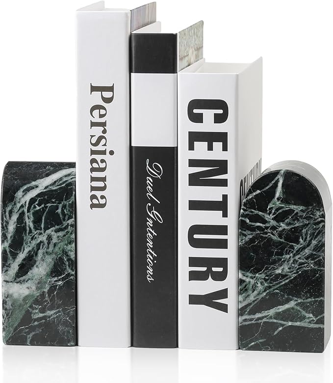 Koville Italian Natural Marble Bookends for Shelves, Decorative Book Ends, 7lbs Heavy-Duty Marble Book Holders, Bookshelf Apartment Decor for Normal Books/CD/Video Games(Verde Remeggiato)