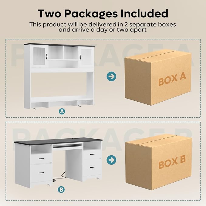 Bestier 77.8" H Executive Desk with Hutch, Modern Wood Computer Desk with Drawers, Charging Station, LED Light, Fluted Storage Cabinet, Keyboard Tray, 59" W Office Desk for Home Office, White