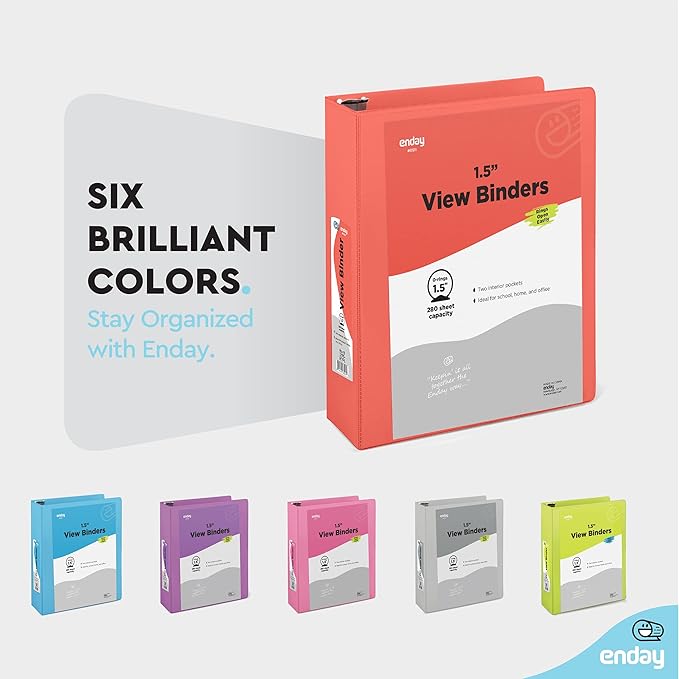 3 Ring Binder 1.5 Inch Red, 1 ½ inch Binder Clear View Cover with 2 Inside Pockets, Colored School Supplies Office and Home – by Enday