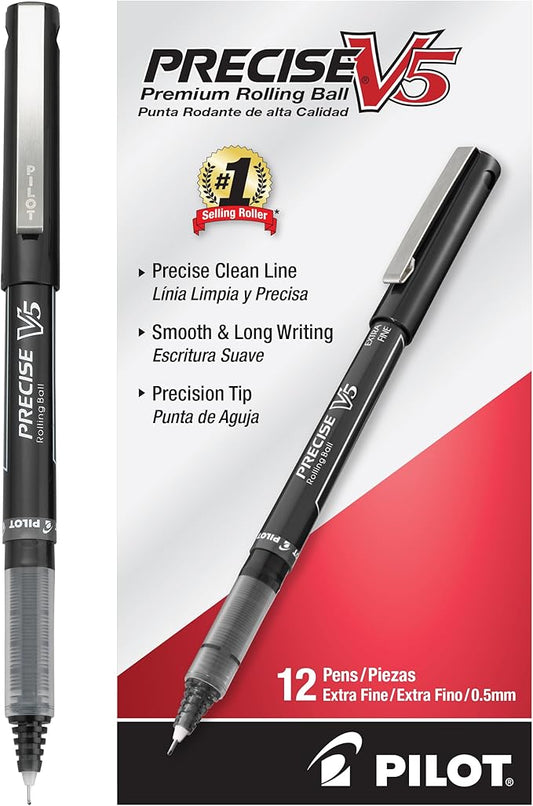 Pilot Precise V5 Rollerball Pens, Extra Fine Point 0.5 mm Black Pen, Black, Pack of 12
