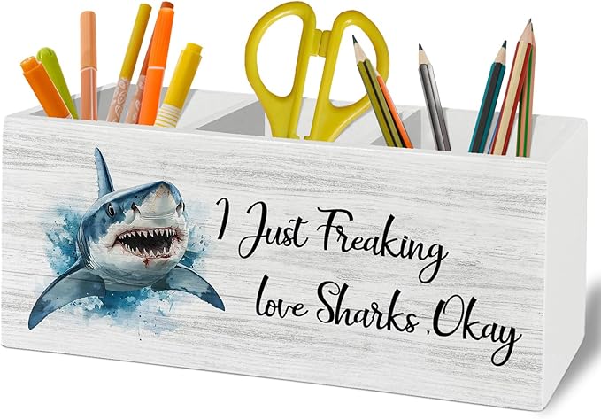 Coastal Beach Shark Pen Pencil Holder Organizer for Desk Accessories, I Just Freaking Love Sharks Okay Wooden Box Sign Desk Decor for Home Office Decoration, Gifts for Shark Lovers