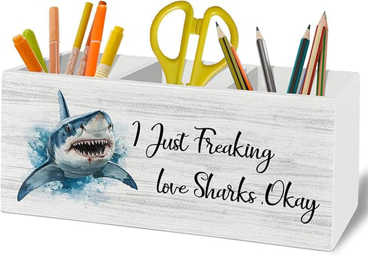 Coastal Beach Shark Pen Pencil Holder Organizer for Desk Accessories, I Just Freaking Love Sharks Okay Wooden Box Sign Desk Decor for Home Office Decoration, Gifts for Shark Lovers