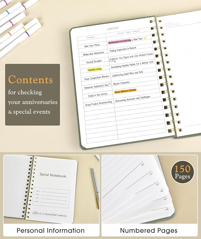 Lined Spiral Journal Notebook, A5 Hardcover Spiral Journals for Women Men, 150 Numbered Pages Spiral Bound Notebook, 100 GSM College Ruled Notebooks for Writing Note Taking 5.75" x 8.38", Sage Green