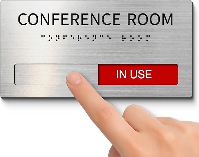 Conference Room Office Door Signs Do Not Disturb, In Use/Available Slider Sign with Raised Text & Grade 2 Braille, Conference Vacant Occupied Sign Brushed Aluminum/Silver