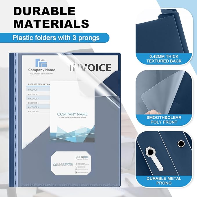 Teling 24 Pcs Clear Report Cover with 3 Prongs, Plastic Report Presentation Folders 90 Sheet Capacity Resume Document Covers for School Office(Navy Blue)