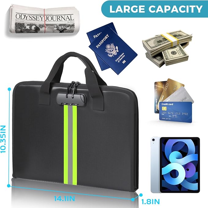 Accordion File Organizer with Combination Lock,Fireproof Expanding File Folder with Multi Pockets,13 Pockets Document Organizer with Handle & Labels,Portable Home Travel Safe Storage Letter A4 Files